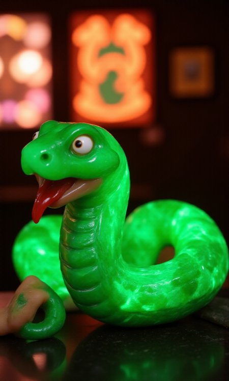 jade_snake, shebaaobao, neouv, cartoon snake made out of glowing illuminated iridescent jade ready to bite somebody on the counter of a pawn shop in New York City  <lora:jadesnakeflux-000001.safetensors:1.0> <lora:shebaobao_flux_snake_Cartoon_v2.safetensors:0.3> <lora:neouv_flux_03.safetensors:1.0>