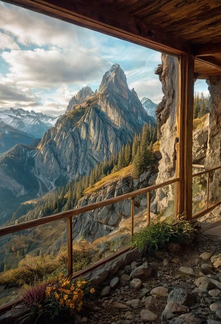 their peaks veiled in mist. mixed media, surrealism, great lighting, A surreal landscape highly detailed . extremely high-resolution details,  appears trapped in an optical illusion of reflections and refractions colorful , mountain cabin built into a cliff with a brilliant porch looking out over mountains , professional photography, natural lighting, volumetric lighting maximalist. intricately detailed, complex, elegant, expansive, fantastical, film photography style,  medium grain