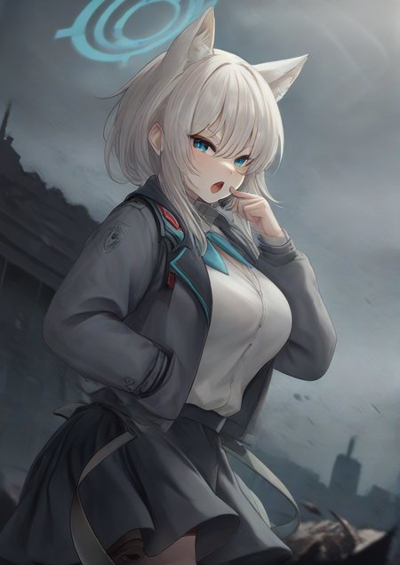 1girl, shiroko (blue archive), furry female, animal ears, arm up, assault rifle, blue eyes, blue scarf, breasts, collar, eyes visible through hair, grey collar, grey jacket, grey skirt, grey sleeves, gun, hair between eyes, halo, hand in pocket, hand up, jacket, long sleeves, medium breasts, open clothes, open mouth, rifle, scarf, school uniform, shirt, sig 556, sig sauer, skirt, solo, standing, unworn jacket, weapon, white hair, white shirt, wolf ears,   <lora:REN.:1>