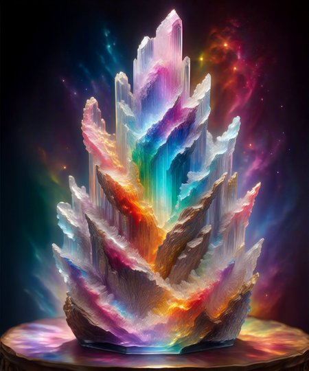 (Masterpiece, Best Quality, realistic, 4k, Highres:1.2), statue transparency crystal,an statue of rainbow pillar nebula made entirely of crystal crystal facets, (crystal with facets), shiny, glass, on top of a table