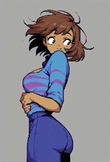 score_9, score_8_up, score_7_up, score_6_up, pixel, commodore, undertale, Frisk, blue pants, Brown Hair,Short Hair,Striped Shirt, FriskUT, solo, 1girl, cleavage, arched back, look away, fit ass, (toriel), white-furred Nubian Goat, floppy ears, two girls, surprised, hugging, grab waist