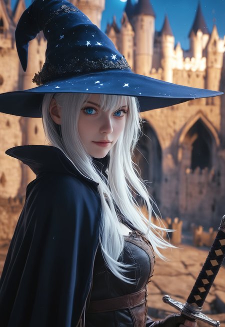 safe_pos, young woman, solo, Looking at viewer, Masterpiece a stunning female witch, (full clothed witch outfit with armor, witch hat), Blue eyes, long bob white hair with bangs, Dynamic action pose, modest smile
(Holding a huge sword:1.5)
Background: (castle, night sky: 1.9)
score_9, score_8_up, score_7_up, score_6_up, source_cartoon, rating_explicit, Expressiveh, (((((upper body))))), dynamic pose
 <lora:Dynamic Poses:1>
 <lora:detailed_notrigger:1>
(((full clothed)))