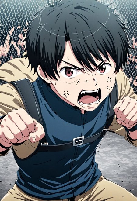 high resolution, solo, best quality, 1Boy, Inaho Kaizuka, Black Hair, anger, fight, OverallDetail