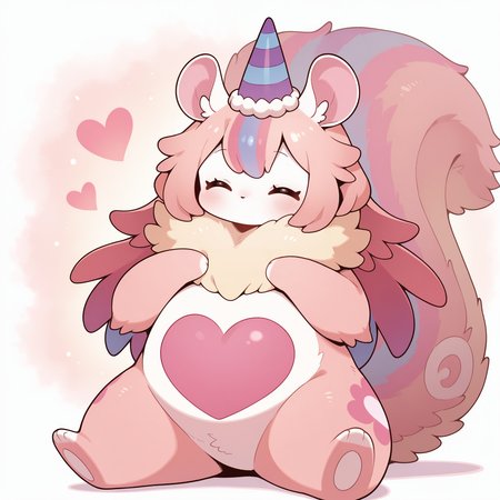 melffy mommy, party hat, closed eyes, heart, solo, blush, no humans, squirrel girl, 1girl, simple background, ^ ^, pink fur, facing viewer, animal focus, full body, hands on own chest, animal nose, no mouth,
masterpiece,best quality,amazing quality,very aesthetic,absurdres,newest,<lora:Melffy Mommy illuXL v1.1:0.75>,