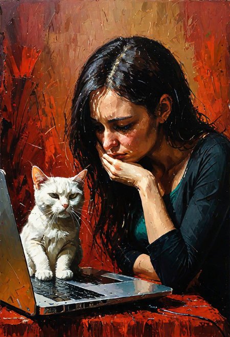 Photo. Profile of a woman and her cat, facepalm, looking at her laptop.  Her cat is looking too.