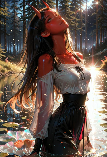masterpiece, best quality, good quality, newest, highres, absurdres, volumetric lighting,gradient color, uncensored,
BREAK 
raytracing, volumetric lighting, ambient occlusion, 1girl, background, masterpiece, best quality, very awa, absurdres, model style, stylist,
BREAK
 ambient occlusion, raytracing, soft lighting, blum effect, masterpiece, absolutely eye-catching, particles, glow, shining, intricate cinematic background, (beautiful face),  
BREAK
ultra realistic, masterpiece, high detailed skin, best quality, high res, very aesthetic, absurdres, anime style, studio anime, source_ecchi, anime, ((ecchi)), ((nsfw)), (finely detailed face), (petite body:1.3),
BREAK
masterpiece,amazing quality,best quality,ultra-detailed,8K,illustration,CG,shiny hair,clear skin,ultra-detailed-eyes, detailed background,cute woman, eyelashes
BREAK
(sexy, slutty, hot, aroused) 
Aka-Oni, oni, colored skin, red skin, straight horns,
BREAK
(hair shader:0.3), floating hair, dark blonde, blouse, collarbone, long hair, night sky, medium breasts, long skirt, glowing red inner skirt, bridal gauntlets, extreme arched back, facing up, toeless legwear, chromatic aberration, lens flare, light rays, afloat, lake, forest, evening, sunset, from side, light and shadow contrast, chiaroscuro, volumetric lighting, dappled light,
<lora:DetailedEyes_V3:1> <lora:USNR_STYLE_ILL_V1_lokr3:0.45> usnr <lora:ponyv6_noobV1_2_adamW:0.9> <lora:GENESIS_MK0.2:0.5>  <lora:KoreanStyleSDXLvpred10:1> AiKoreanStyle, lips, korean, asian <lora:KRGRL-IL:1>