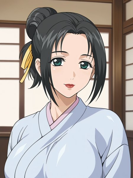 <lora:Mika_Inuoe-Hitozuma_Ryoujoku_Sankanbi:0.8>,Mika,1girl,solo,black hair,hair bun,green eyes,large breasts,hair ribbon,lipstick,kimono,upper body,looking at viewer,indoors,smile