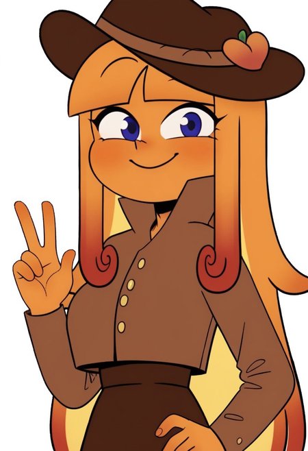 ((Bedroom background)),score_9, score_8_up, score_7_up,score_6_up, 
1girl, Solo, Pessy_MT, orange skin, long hair, bangs, orange hair, dark blue eyes, pointy nose, brown hat with peach patch, light brown jacket, brown skirt, black ballet flats, big eyes, tall stature, social smile, perfect eyes, perfect smile, looking at the viewer, big breasts, detailed eyes, perfect eyes, cute, standing, (front pose, bust shot, close up to face, face portrait:1) 5 fingers, perfect hands, hand up symbol peace