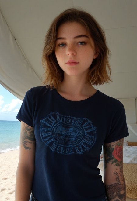 andrea, 1girl, solo, rating_safe, beach, upper body, t shirt, jeans, arm tattoo, freckles