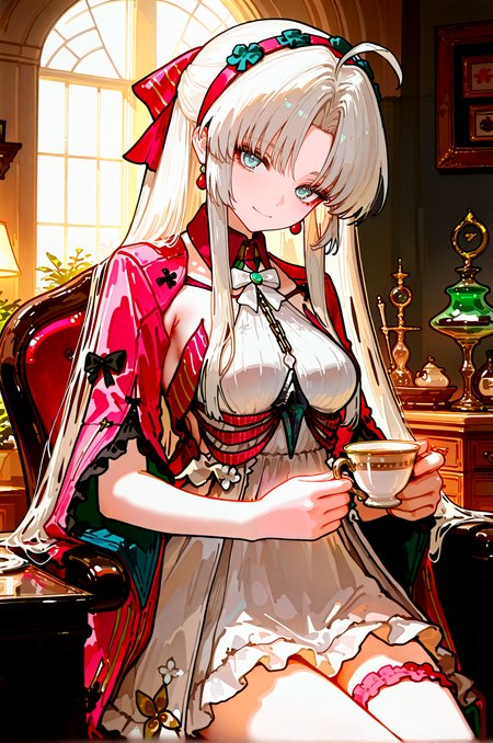 (masterpiece, best quality, very awa, newest, very aesthetic, highres, absurdres:1.2), detailed background, indoors, <lora:748cmXLillokrV5311P:0.5>,  <lora:ç¦è¶forill:0.4>, BREAK
1girl, solo,<lora:carlotta (wuthering waves)_nb11-xl:1> carlotta \(wuthering waves\), blue eyes, carlotta, pink jacket, white bow, parted bangs, white hair,white dress,black bow,two-tone bow,medium breasts,sidelocks,hairband,
looking at viewer, smile, closed mouth, sitting, holding cup, tea, cowboy shot, BREAK 
<lora:spo_sdxl_10ep_4k-data_lora_webui:0.85>, , <lora:add-detail-xl:0.3> ,<lora:illustrious_noobai_epsilon_pred_1_best_quality_v1:0.75>, 
<lora:ponyv6_noobE11_2_adamW:0.5>, <lora:HandFixer_pdxl_Incrs_v1:0.5>, handfixer,