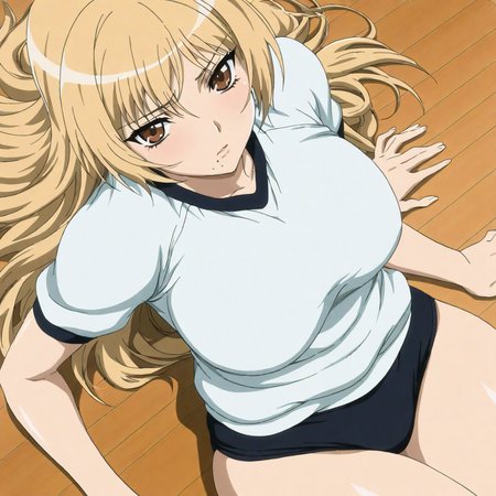 masterpiece,high score,great score,absurdres,solo,anime coloring,looking at viewer,<lora:RikoIchinose hassakuill30:1> rikoichinose, blonde hair, long hair, brown eyes, mole under mouth,gym uniform,black buruma,
