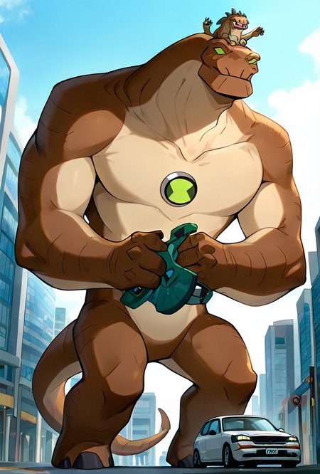 <lora:humungousaur-08:1> humungousaur, dinosaur, 1boy, male focus, solo, green eyes, no humans, brown skin, , green sclera, tail, no pupils, zoomed out view,   <lora:WSSKX_WAI:1>, behind buildings, hiding behind buildings, giant sky scrapers, pushing buildings aside, giant, lifting car, holding car on head, lifting object,, masterpiece, best quality, amazing quality, very aesthetic, absurdres, newest,