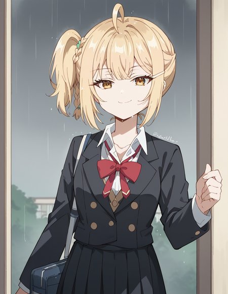 score_9, score_8_up, score_7_up, source_anime, <lora:nonoa-miyamae-s1-ponyxl-lora-nochekaiser:1>, nonoa miyamae, blonde hair, short hair, side ponytail, one side up, braid, hair ornament, yellow eyes, ahoge, hair clip, hair intakes,, shirt, bow, school uniform, jacket, white shirt, collared shirt, bowtie, red bow, blazer, red bowtie, black skirt, pleated skirt,, rainy day, umbrella, walking home, puddles, wet hair, smile, looking at viewer, smug, solo,, cowboy shot, dutch angle