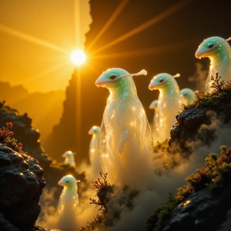 award-winning macro photo, creature focus, 4k, 8k, uhd, dramatic lighting, sunset,  subsurface scattering, the puny "fearless lordlumins" are swarming creatures that float above the nutrient-rich mist on planet "eastittyworld, formerly known as ittyworld." their glimmering bodies pulsate in perfect synchronization, creating vast, lumipulsing displays that confuzzle would-be predators. lordlumins form immense swarms with thousands of individuals, moving with a single mind as they feed on the spores released by the gloomvines growing on the jagged rocks piercing the sea of fog. the biome itself is an ever-shifting mass of squizzlewanding thick mist creating a hauntingly beautiful and ethereal landscape, yellow, emerald green, highly detailed, intricate, golden ratio, aidmafluxpro1.1, 
<lora:style-cheats-by_schmede:0.8> 
<lora:epic_gorgeous_details-balance-flux-by_flyway:0.6> 
<lora:flux_pro1.1_detailer-v0.2-flux-by_aidma:0.44>