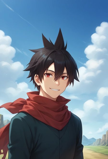 score_9, score_8_up, score_7_up, source_anime, highly detailed, 
rossen, 1boy, solo, male focus, red eyes black hair, scarf, sky, day, red scarf, cloud, blue sky, smile
outdoors, looking at viewer, upper body,