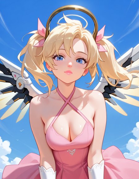masterpiece, best quality, amazing quality, very aesthetic, absurdres,  newest, detailed background, cowboy shot, 4k, 8k, outdoors,
mercyxd, 1girl, solo, blonde hair, twintails, halo, wings, blue eyes, mechanical halo, breasts, pink ribbon, criss-cross halter, mechanical wings, halterneck, gloves, ribbon, nose, looking at viewer, lips, hair ribbon, medium breasts, upper body, dress,  official alternate costume, pink lips, pink dress, 
 <lora:Mercy_-_Overwatch_Illustrious:1>