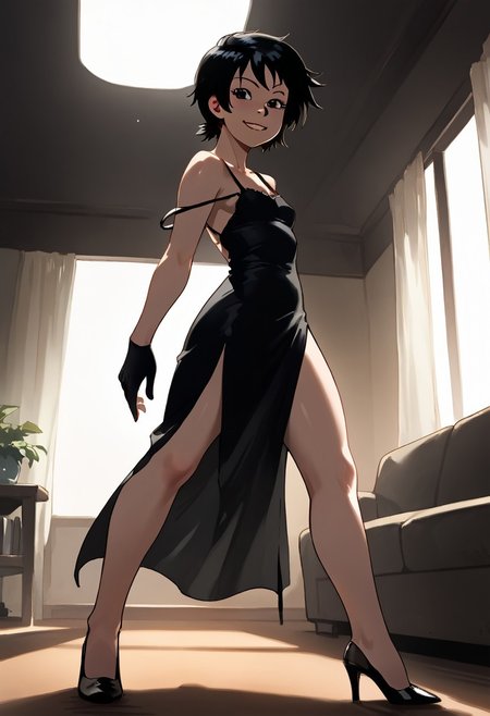 (score_9, score_8_up, score_7_up, score_6_up, score_5_up, score_4_up), katerina in dark living room, soft focus, 1 girl, solo, black hair, very short hair,  indoors, low cut black dress, black gloves,  strap slip, graceful pose, sexy pose, black eyes, blushing, grin, lips parted, small breasts, slender body, tomboy, full body, low angle, black high heels, bare legs, sexy pose, back view, looking back at viewer, arched back, side slit, thighs, long legs, head tilted back, backlighting, 20yo