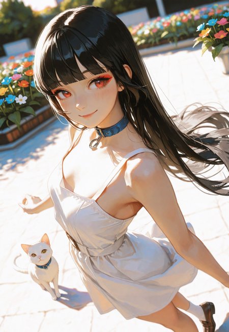masterpiece, ultra-HD, cinematic lighting, photorealistic, impressionism (1.5), high detail, depth of field, (blurred background), (dramatic lighting),masterpiece, best quality, very aesthetic,8k,masterpiece, best quality,realistic, masterpiece, best quality, 8k, 
, simple_background, , 
, half close-up, sexy pose, long black hair, straight hair,blunt bangs, red eye makeup,
blushing, asian girl, small head, pretty girl, korean girl, ((smiling)), happy
((slim body)), (small breasts), Dynamic angle, Dynamic pose, sfw, portrait,, 
girl,  white sundress, brown loafers,white ankle socks, in a garden, colorful flowers, sunset.
White cat with blue collar.