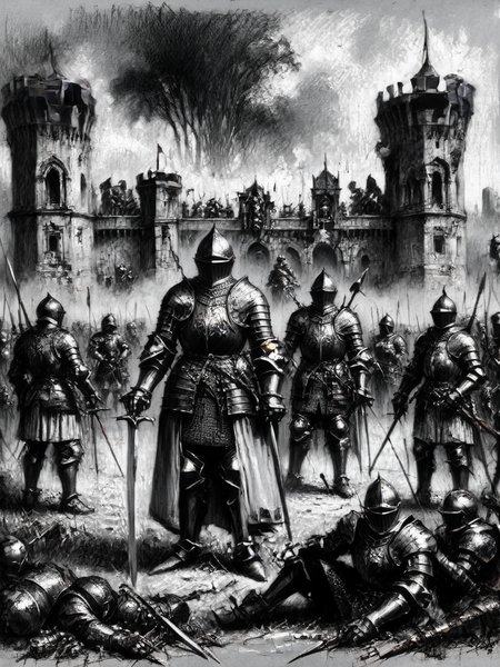 A dramatic battle scene with knights and archers, but upon closer inspection, their armor and weapons have subtle steampunk modifications <lora:Renaissance_Drawing:1>,<lora:EnvyBetterHiresFixXL01:0:hr=1>