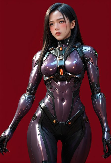 1girl,solo,red background,,ruanyi0867,purple bodysuit,cyborg,science fiction,skin tight,
long hair,cuteg,blush,<lora:0867 Battle suit_v1_pony:1>, score_9,score_8_up,score_7_up,,8k,1girl,solo,,