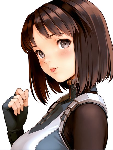 masterpiece,best quality,newest,
1girl,solo,
<lora:nagase_mari_ilxl_v1.0:1>,mari,black hair band,bob_cut,brown hair,grey eyes,
r_suit,turtleneck,skin tight,bodysuit,crop top,short sleeves,fingerless gloves,leotard,<lora:Fixhands_anime_bdsqlsz_V1:1>,looking_at_viewer,light_blush,cinematic_angle,looking_at_viewer,white_background,simple_background,upper_body,face_focus,portrait,from_back,looking_back,;p,