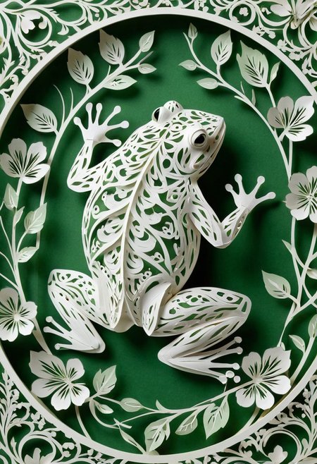 This exquisite piece of art showcases a green and white kirigami toad, meticulously crafted with intricate and detailed ornamentation. The unique combination of colors and the delicate paper-cutting technique employed creates a visually stunning and eye-catching design that highlights the artist's exceptional skill and creativity.