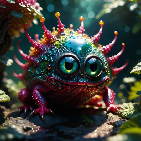 award-winning macro photo, (short depth of field:1.2), the (diminutive:1.4) "unfair fifferyekko" is a (colorful:1.4) enigmatic and phenomenal creature (with reflective eyes:1.2) that dwells in the karvyturbled canopies and punglyflorbed vlorm of the exotic alien world "flurmball viii", where they harvest swallorfluxed spores and (floating particles:1.1) for sustenance, (dappled sunlight:1.1), rim lighting, chiaroscuro, hot pink and silvery and blue-green, (old masters painting:1.1), (intricate details:1.1), (creature focus:1.1), <lora:lyco-style-envydramaticlightingxl01_digital_art-xl:0.44> <lora:midjourney_mimic-xl-by_andrexsel:0.4> <lora:more_artful-xl:0.52> <lora:extremely_detailed-detail_slider-v2-xl-by_ntc:1.0> <lora:envybetterhiresfixxl01-xl:0.0:hr=1.0>
