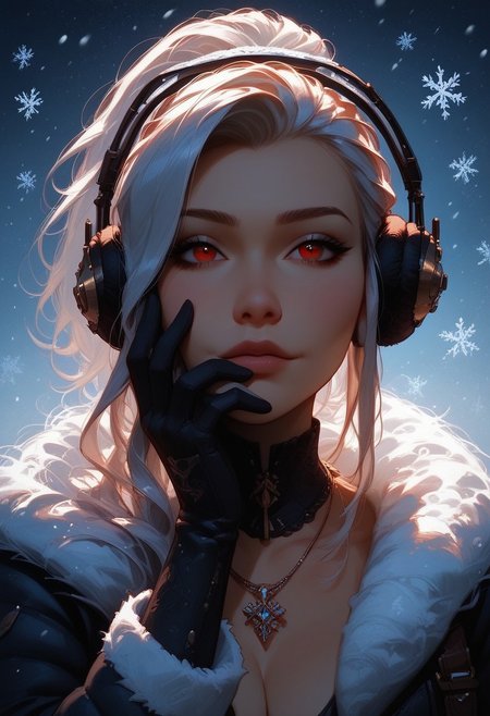 score_9, score_8_up, score_7_up, score_6_up, 1girl, solo, breasts, necklace, sexy face, ponytail hairstyle, winter coat, earmuffs, gloves, winter boots, white hair, long hair, red eyes, shy, beautiful lights, flirtatious, looking at viewer, seductive, Outside, snowing, snowflakes falling, 
going in for a kiss, about to kiss, 
View from the front, face focus, closeup, close up,