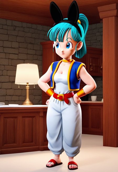 score_9, score_8_up, score_7_up, anime screencap, 
bulma \(dragonball\) 3d render, in clsh artstyle, 1girl, inside, solo, breasts, blue eyes, animal ears, cleavage, aqua hair, standing, full body, ponytail, choker, indoors chair, sandals, lamp, yellow wristband, yellow choker, white pants, white topwear, tube top, toenails, scrunchie, looking at feet, clothes grab, small_breasts, red footwear, red belt, raised eyebrows, vest over shirt, eyelashes, eyebrows, blue vest, baggy pants, arm at side, collarbone, expressionless