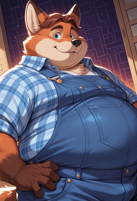 masterpiece, best quality, amazing quality, dutch angle, abstract background, BREAK
solo, 1boy, furry male, zoo_gg, fox boy, fox ears, blue eyes, brown hair, fat, overweight, overalls, plaid shirt, fox tail, upper body focus, BREAK
<lora:cfg_scale_boost:.6>  <lora:Gideon_Grey_-_Zootopia_-_ILXL:1>