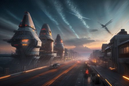 exceptionally detailed concept-art illustration, absurdres, 8k, scifi fantasy, future, busy fictional spaceport, located on a fantastic floating city, cloudscape, many different models of lightweight spacecrafts known as "cutters", are constantly arriving and departing, daytime, outdoors, cloudscape, implied scale, implied height, high resolution textures, pastel hues, [orange, pearl white, pink, ochre, onyx, cobalt], neon panel lighting strips, detailed background,