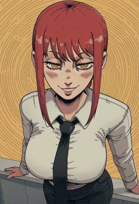 10P3Zstyle, masterpiece, best quality, solo,                                                                                                           makima from chainsaw man, red hair, yellow spiral eyes, leaning down infront of viewer, evil smug, large breasts, white office shirt, black tie,