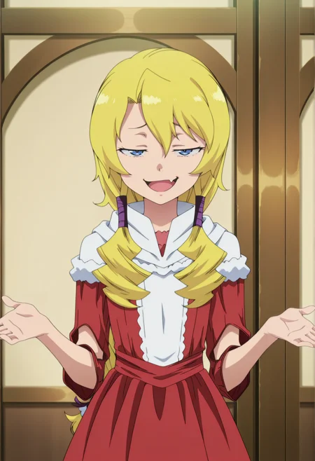 anime screenshot, anime screencap, anime coloring, 1girl, blonde hair, blue eyes, low tiwntails, curly hair, braid,  red dress, elbow cutout, shrugging, open mouth, fang, smug, half-closed eyes, parody, indoors  <lora:lashara_seikishi:1>, masterpiece, best quality, amazing quality, very aesthetic, absurdres, highres, newest