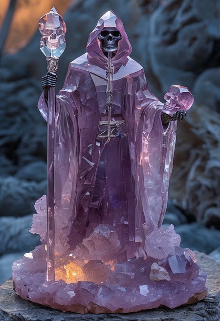 core_9, score_8_up, score_7_up,score_7_up,  grim reaper made of fluorite mineral, (crystal, skull mask:1.5), clad in a transparent crystal robe, holding a large iridiscent scythe, stands amid a water fountain, its eerie presence blending menace with surreal elegance, cs-cr1stal-v2, flu0rite,