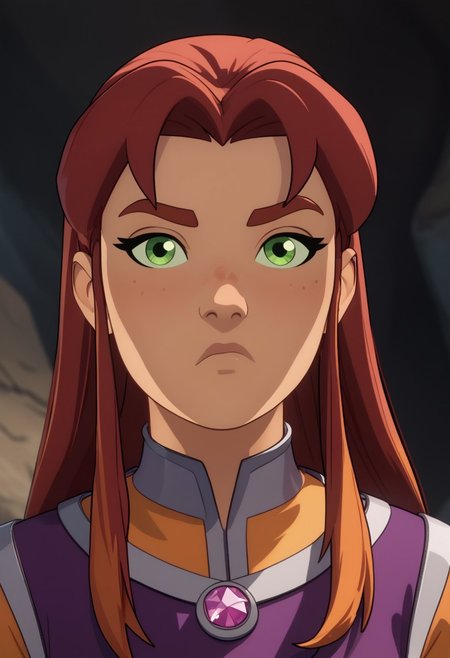 Score_9, Score_8, Score_7, TDPStyle, starfire from DC, Bust Shot, Looking at Viewer, Bored, Cave Background