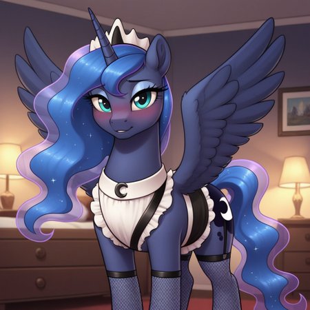 score_9, score_8_up, score_7_up, score_6_up, pony, alicorn, feral, mare, solo, (princess luna), no breasts, bedroom, indoors, (night), tail, photo_realistic, blushing female, anatomically correct, looking at you, standing, fishnets, garter straps, (maid), (maid outfit),  front view,