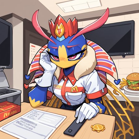 score_9, score_8_up, score_7_up, Queen Sectonia, (solo), 1girl, anthro, floating hands, gloves, multicolored skin, insect, arthropod, insect wings, fur collar, (bored),(employee uniform, fast food uniform), short sleeves, clothes writing, mcdonald's, mac, crown, half-closed eyes, cash register, , <lora:cefaa866-a58e-40ba-a219-79ab392f7d60:0.9>, <lora:548a342b-2dc6-440b-abe1-a6ce75213d61:0.9>, <lora:58299fc7-4fd8-4786-92e6-d25f95429033:0.6>
