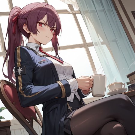 (score_9, score_8_up, score_7_up), 1girl, human, makiatto, ((sitting on a chair)), cup of coffee in hand, from below, (small breasts), one closed eye, ((black pants)), (((thin thighs))), frowning, blush, thin form, thin ass, lean thighs, <lora:thighs slider_last:6>, angry, ((side shot)), ((from the side)), looking at viewer, small futanari bulge,