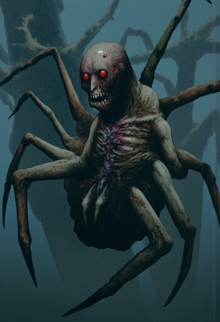 b3rs3rk macro lens d4concept pov, 3D01S, simple background d4artstyle atmospheric and powerful MikeFranchinastyle dark fantasy, natural organic and first person pov of a berserk style creature in the Tsutomu Nihei style
Emerging from the shadows is a grotesque amalgamation of humanoid and arachnid forms. The creature's distorted face bears a twisted semblance of humanity, with bulging eyes and an unhinged mouth that extends far beyond natural limits, filled with sharp, mismatched teeth dripping with saliva. Its head is grotesquely fused with the torso, from which multiple spindly legs extend outward, each ending in sharp, claw-like points that seem to scuttle unpredictably. The being's skin is pale and veiny, stretched taut over its skeletal frame, while parts of its body appear fused with sinewy web-like structures. Emerging from behind are fleshy growths and tendrils, pulsating with a sickly glow as if alive with something parasitic. Its presence evokes both revulsion and an eerie, malicious intelligence, as though it were a sentient predator from the depths of a nightmare realm.
Background solid color with a faded dimly lit, fog-covered darkness tone that emphasizes its silhouette. 
UHD letterboxed game trailer frame chromatic aberration dark atmosphere sharp masterpiece with a focus on the character, elden ring, dark atmosphere