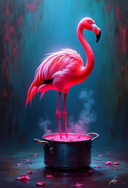 Impasto oil painting of a neon pink glowing Flamingo standing on One foot in a large cooking-pot, looking reproachful at viewer
, heavy strokes, textured, by  Greg Tocchini,  Jeremy Mann, Robert Oxley, stunning digital illustration, elegant, calm, mysterious, digital painting, expressionism style, very intricate, unforgettable, very colorful, many complementary colors
, heavy strokes, textured, by  Greg Tocchini,  Jeremy Mann, Robert Oxley, stunning digital illustration, elegant, calm, mysterious, digital painting, expressionism style, very intricate, unforgettable, very colorful, many complementary colors