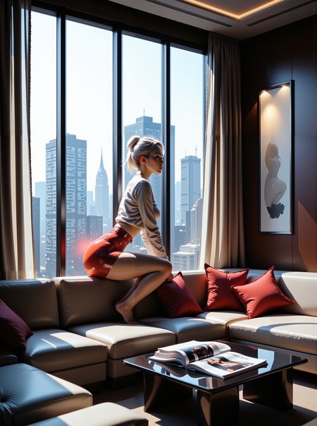 A masterpiece improved full body portrait of 1girl, slender body, toned legs, perfectly shaped backside, wearing tight miniskirt, long sleeve shirt, She sits on a large window bench, one knee pulled up, gazing out at the city skyline. The room has floor-to-ceiling windows, an oversized sectional, and a sleek coffee table covered with glossy magazines.,SexyGirl, atmospheric lighting, cinematic lighting, photorealistic:1.2, film grain
,