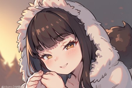 Original Characters, Best Shadows, Deep Depth Of Field, Sharp Focus, Portrait Of Stunningly Beautiful Petite Girl, Soft Delicate Beautiful Attractive Face With Alluring Brown Eyes, Lovely Small Breasts, Sharp Eyeliner, Seductive Smiling, Close Mouth, Windswept Disheveled Brown Hair, Thick Layered Medium Hairstyles, Blush Eyeshadow With Thick Eyelashes, Parted Lips, (Eskimos Tribal Fur-Parka With Fur-hood And Fur-Gloves:1.1), [Glittering Night Sky], (Only One Hope Light In Girl Hands:1.25), (Highest Quality, Amazing Details:1.4), Masterpiece, Bloom, Picturesque, Focus With Light