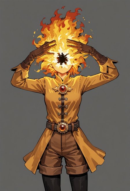 score_9, score_8_up, score_7_up, solo,
lord_of_frenzy, fire head,
novakin, faceless, no eyes, no mouth, no nose, no facial features, short fiery yellow orange hair, body made of black plasma,
open hands, hands on face front,
hands on own head, 
upside-down, backflip,
magical girl outfit, (steampunk dress:1.1), boots, (brown shorts:1.1), black tights, medium breasts, belt, gloves, 
(headache:1.1), (mad:1.1), (lean back:1.1), dynamic pose, 
simple background, grey background,
in yoshidanatsumi artstyle