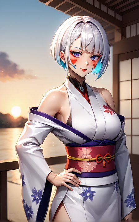 score_9, score_8_up, score_7_up, masterpiece, best quality, absurdres,  solo, BREAK
Kimono_Lucy_ownwaifu, 
1girl, asymmetrical hair, bangs, bob cut, breasts, colored eyelashes, cyborg, eyeshadow under eye, facepaint,  gradient hair, lipstick, makeup, multicolored eyes, multicolored hair, red lips, short hair, white hair, red eyeliner
bare shoulders, bodysuit, floral print, japanese clothes, obi, off shoulder, sash, white kimono, hagoita,
(contrapposto, hand on hip), sunset, sidelighting, outdoors, <lora:PONYXL_CyberpunkEdg_LucynaKushinada_ownwaifu:1> , depth of field