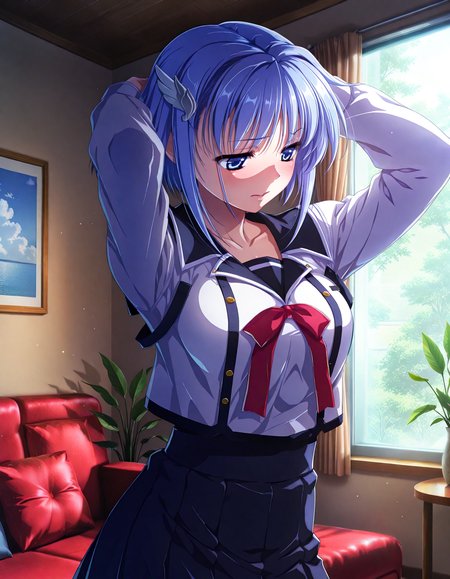 (1girl, solo:1.3), (2girls, 3girls, 4girls, multiple girls, 2boys, 3boys, 4boys, multiple boys:-1.5) <lora:Kajio_Honoka_Denshanai_de_Now_Illustrious:0.9>, kajio_honoka, medium breasts, blue eyes, blue hair, short hair, bangs, sidelocks, hair ornament, school uniform, serafuku, red ribbon, black skirt, pleated skirt, shy, (half-closed eyes:0.7), general, contrapposto, dynamic pose, arms behind head, upper body, from side, pov, , indoors, living room, couch, cushion, round table, window, outdoor view, curtains, (green theme:1.2), plant, potted plant, flower, (perspective:0.7), <lora:NOOB_EPSv1_1_detailer_by_vlnvk_v1_0:1.5>, (photo background:0.7), day, (tachibana yuu:0.6), inue shinsuke, (kazuma muramasa:0.0), saikawa yusa, (aoi manabu:0.6), abarerumidori, (suzui narumi:0.6), masterpiece, newest, absurdres, 8K, anime screenshot, anime coloring, flat color, official art, film grain, <lora:illustriousXLv01_stabilizer_v1.185c:0.7>, <lora:LECO_Solo:-4.0>,