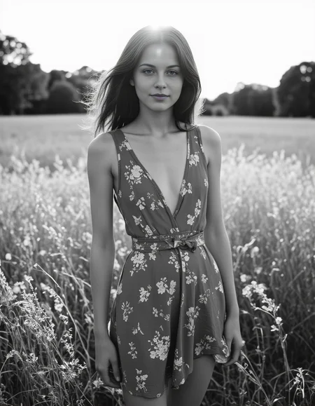In this striking black-and-white photograph, evoking the late 19th or early 20th century, a carefree hippie stands in a vibrant, sun-drenched meadow. She is wearing an unbuttoned, belted, sleeveless, 1920s fitted and flared dressâbaring her shoulders and small breasts, made of stretch gabardine with a floral pattern. The high-waisted, flared skirt elegantly hugs her figure. Her wild, curly hair dances in the wind, framing her luminous, expressive eyes that sparkle with vitality. The sun bathes the scene in a soft, radiant glow, illuminating every intricate detail: the swaying grass, the delicate petals, and her joyful presence. The atmosphere exudes peace, freedom, and timeless beauty, as if frozen in a perfect, golden moment of peace and bliss. This is a high-resolution photograph of a young, fair-skinned girl. girl is of average height, her figure is slim and athletic, with a flat stomach and small breasts, girl has medium length brown hair parted to the side on the right side, young and slim. looks at the viewer, front view, professional photography, (nsfw:1.2),(nudity:1.2),(breasts:1.2),(nipples:1.2), <lora:breast-size2:-2>, <lora:Hand v2:1>, <lora:FLUX_thinspo_skinny-000001:0.3>, <lora:70s_vintage_nudity:1>