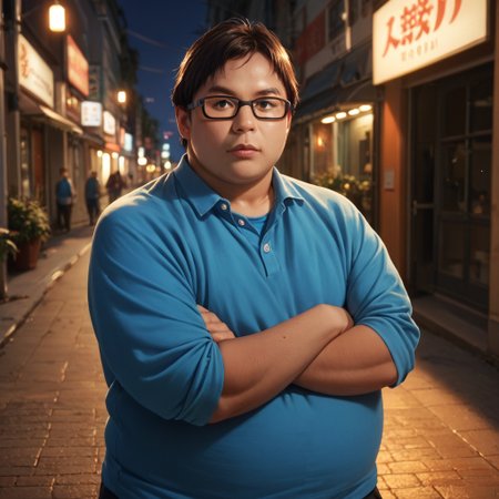 score_9, score_8_up, score_7_up, score_6_up, score_5_up, score_4_up, seiichikino, solo, blue shirt, glasses, looking at viewer, standing, street, night, crossed arms, chubby, hyper realistic