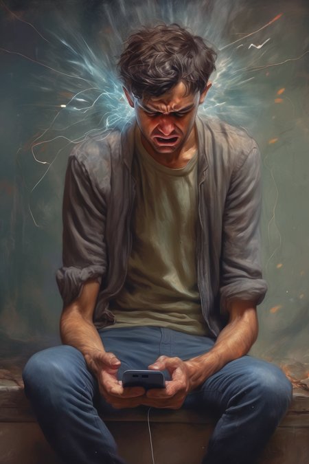 <lora:Sam Spratt Style:1>Sam Spratt Style - young man struggling fighting his phone want to go away from it felling sadhis brain destroyed has no hope waisting time on checking his phone his age passe without doing anything without achieving any think 8k hyperraliste