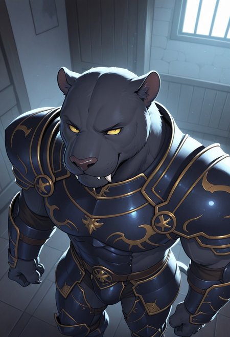 masterpiece,best quality,amazing quality, (male, antro: 1.4), 
BREAK 
( muscle, tall, barazoku, bara, facial hair, old, mature (smile, Sharp fangs, close up, high, angle , from above ) :1.1)), (1boy, solo,(male only) anthro, ) 
BREAK 
(male: panther, black panther )), armor, full armor
BREAK 
indoors,