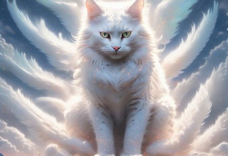 (best quality, masterpiece, perfect face,) A realistic cute tiny mythical white cat with light blue eyes, in wonderland world with (magical little fairies yellow creatures:1.10) epic, absurd